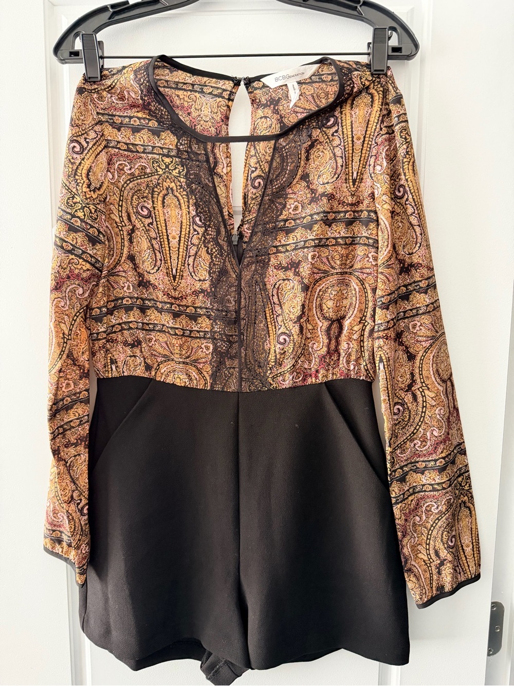 BCBGeneration Black and Paisley Long-Sleeve Romper